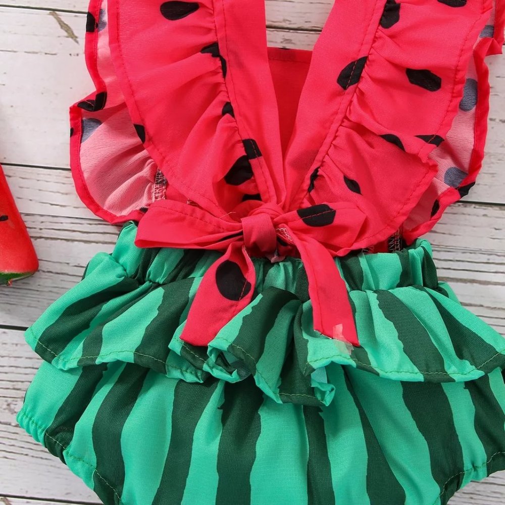 Baby Girls Watermelon Ruffle Romper Sunsuit Jumpsuit Headband Outfit Set - Picture 4 of 6